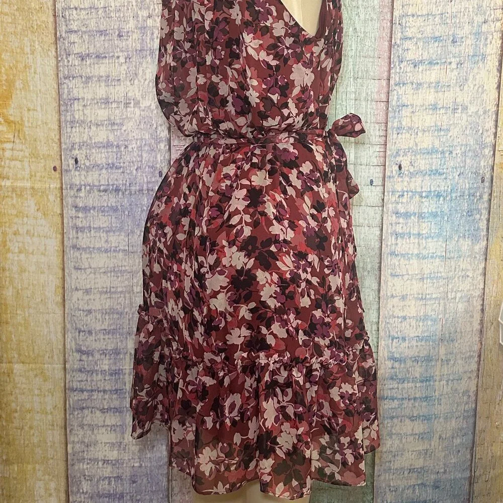 Just Taylor High Neck Ruffled Skirt Burgundy Floral Print Womens Size 6 Dress - Picture 7 of 10